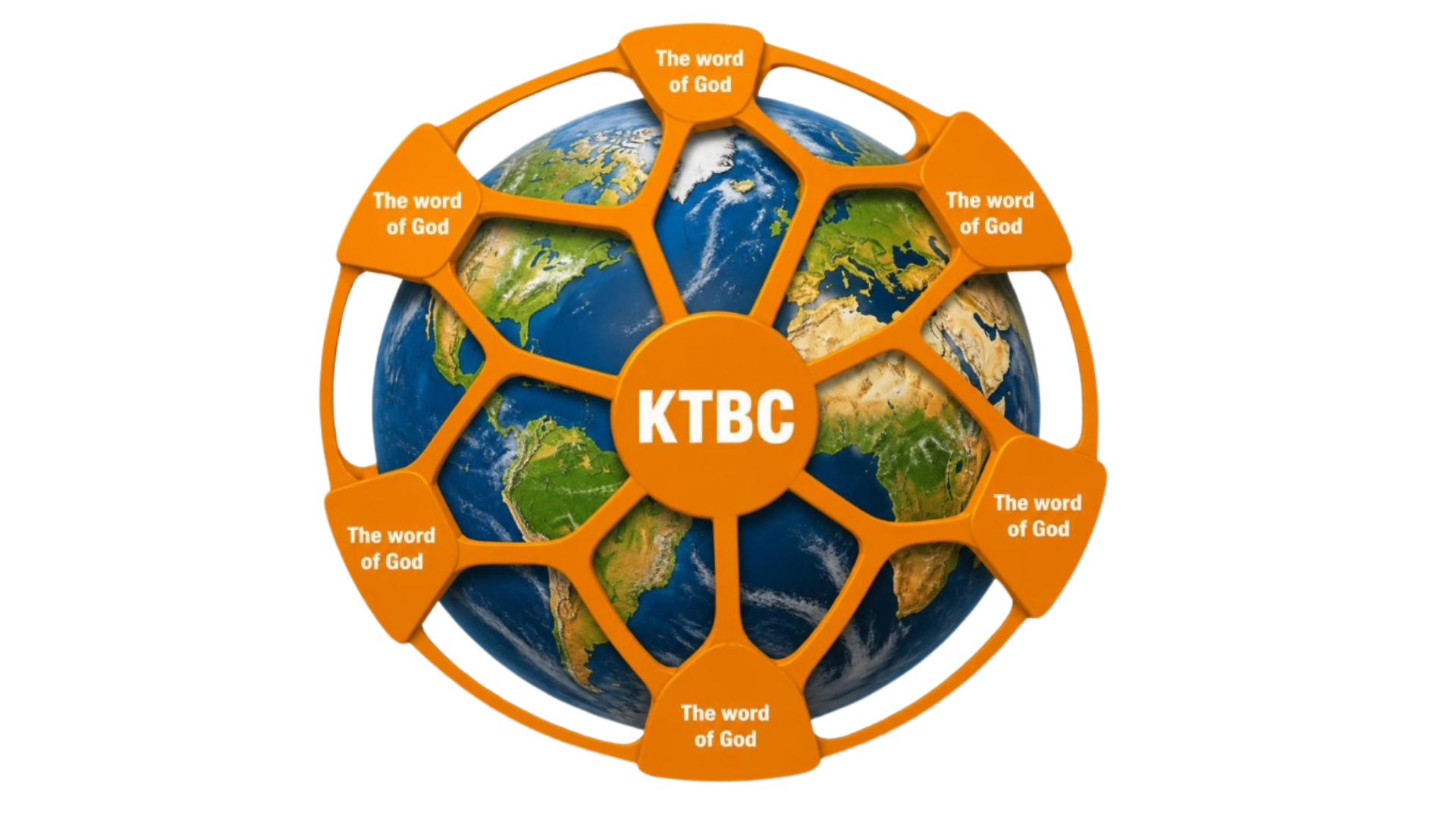 A globe held in an orange web of God's Word, with KTBC at its centre